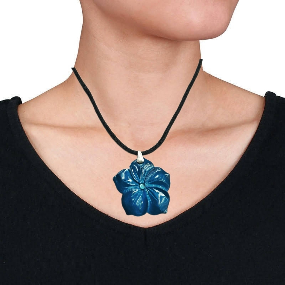 Prussian Blue Resin Flower Pendant with Center Blue Stone on Black Cord Necklace